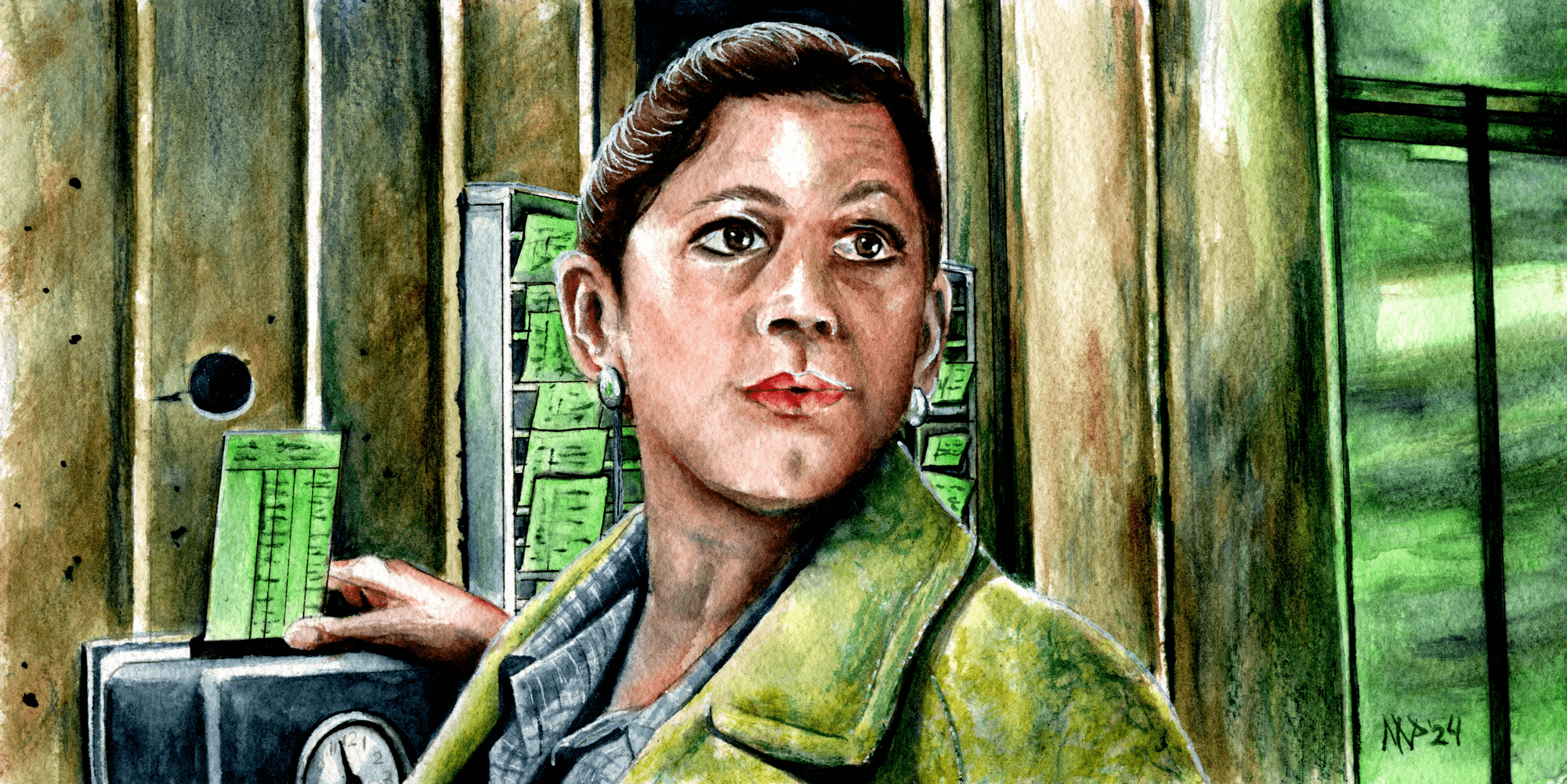 Illustration of Eileen from Supernatural, portrayed from the bust up. She is wearing her hair pulled back, large silver button earrings, a grey plaid shirt, and a green peacoat. Behind her are wood-paneled walls with knots in the grain, and green metal lockers behind her to the right. Directly behind her are a series of timecards in cubbyholes affixed to the wall. She is in the middle of punching a card in, turned to look behind the viewer. End description.