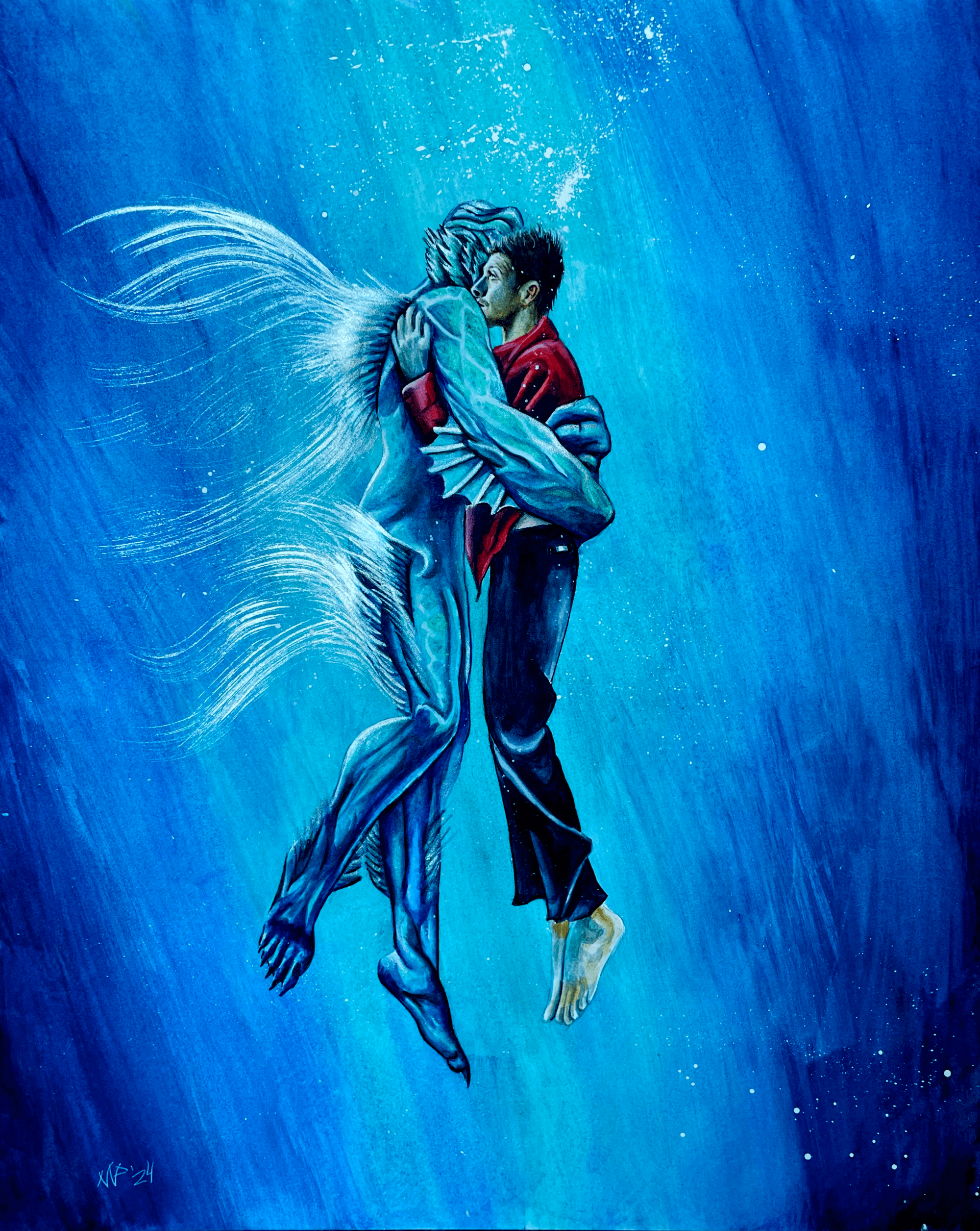 Illustration of Dean and Cas underwater, center frame. Around the border the water is darkest, getting lighter as it surrounds the two of them. They are in an embrace. Cas’ face is hidden in Dean’s shoulder, while Dean looks stunned. He is in a red shirt, denim pants, and he has bare feet. Castiel’s body is longer and far more muscular than Dean’s, with forearm fins, dorsal fins, and clawed feet. He has ghostly white fins drifting behind him like an angelfish’s, looking like wings. Bubbles dot above them and below them. Artist’s signature is in the bottom left corner in black ink. End description.