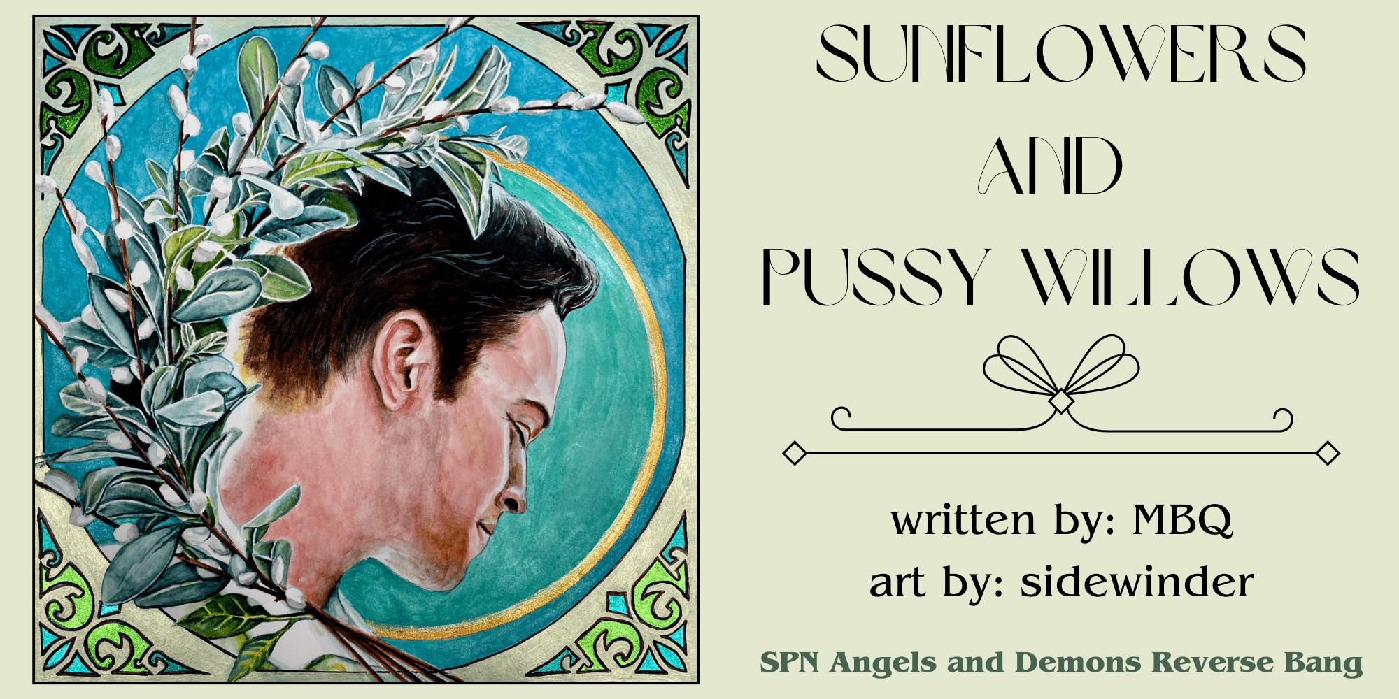 Jack in three fourths profile with a wreath of pussywillow buds encircling his head on a blue background