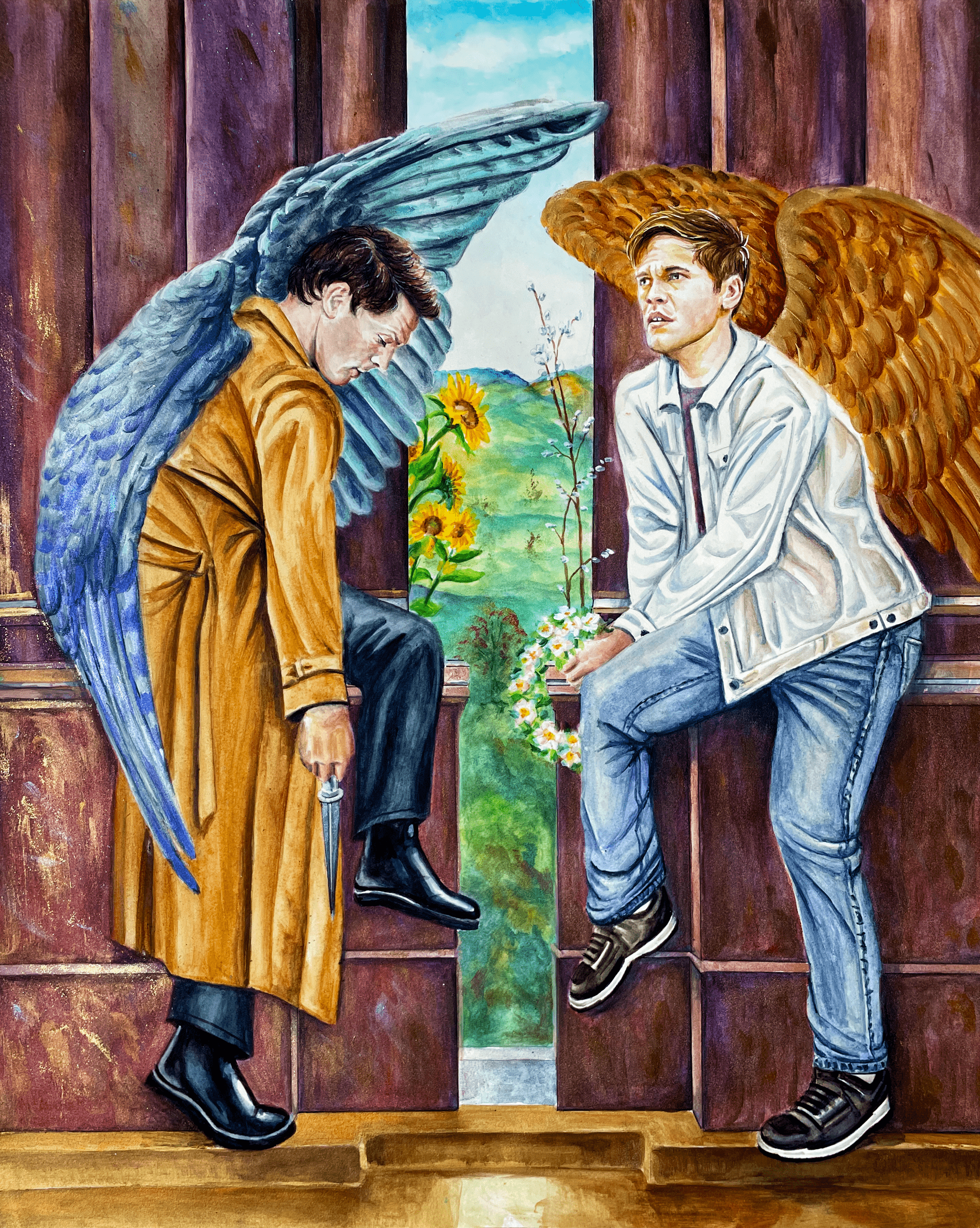 Jack looking up with a bundle of pussywillow buds in one hand and Castiel to his left holding an angel blade loosely in one hand. Sunflowers are peeking around Roman columns.